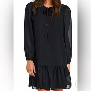 Draper James Black Tie Neck Flounce Shift Dress, Size XL, Puff Sleeves, Ruffle